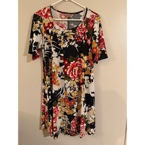 SJS Women's Large Floral Print Short‎ Sleeve Tunic Dress Black Red Yellow